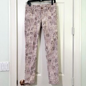 Embroidered Stretch Skinny Jeans- Oatmeal Cream Brown Paisley Design- Size 4